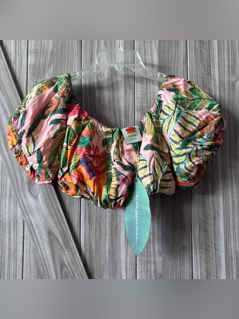 FARM Rio Pink Tropical Puff-Sleeve Crop Top with Multicolor Leaf Print